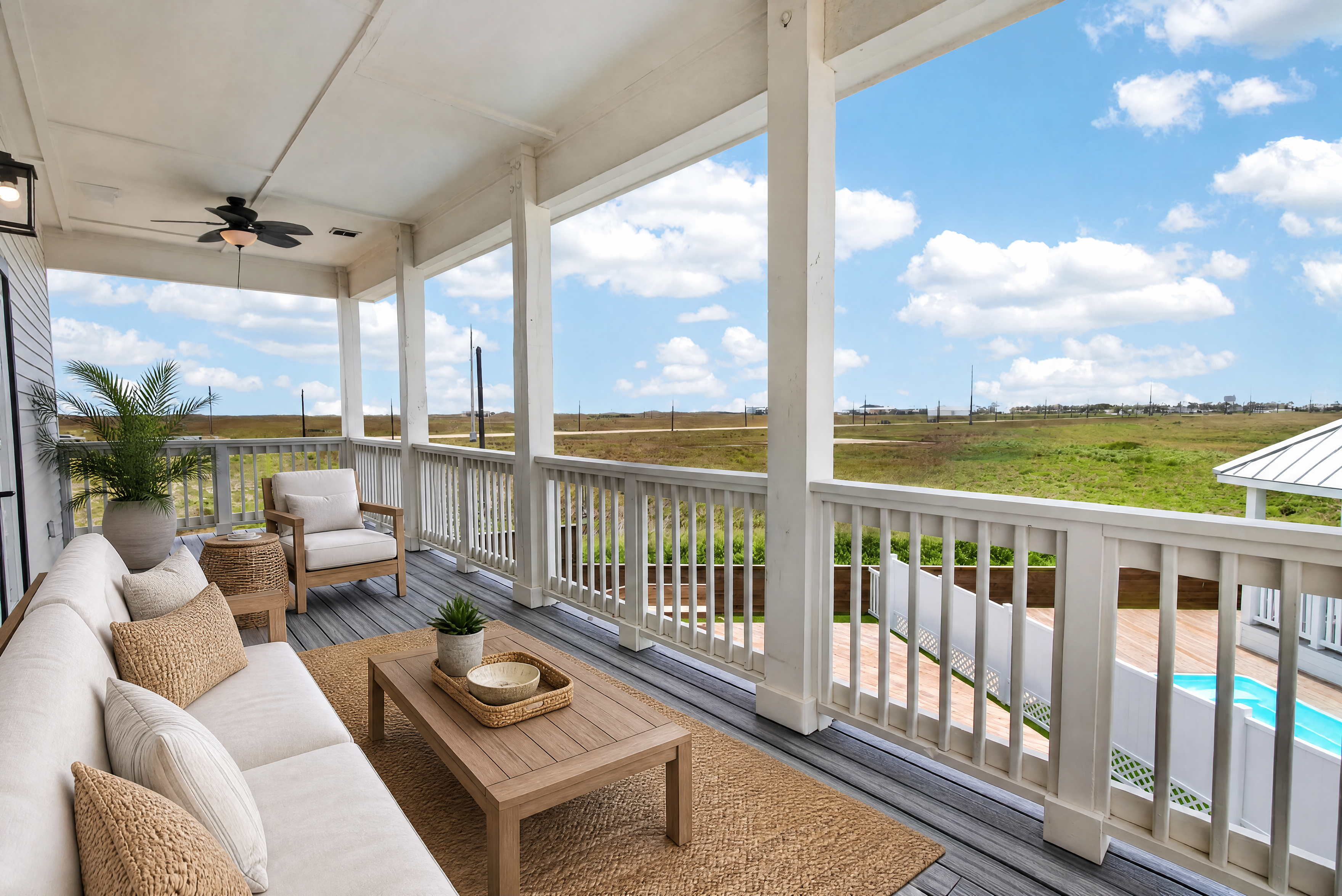 Coastal cottage porch and exterior detail at Spoonbill Bay