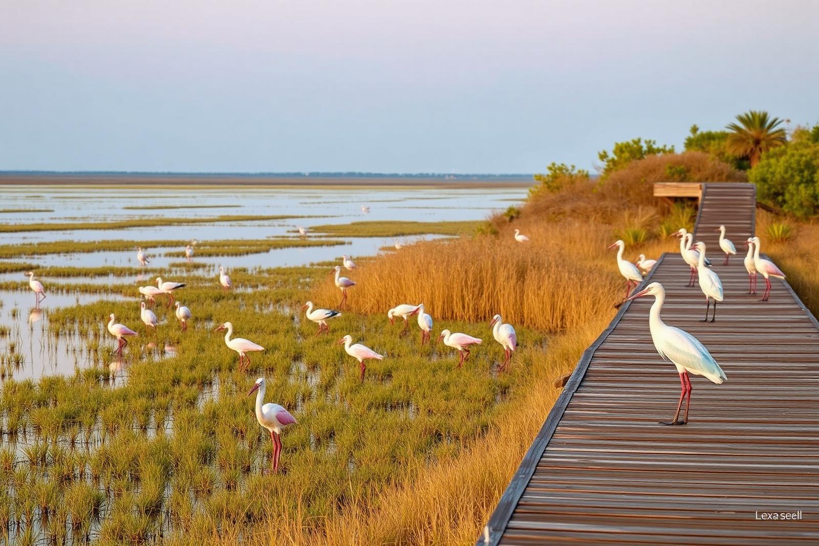 Roseate spoonbills and herons wading in a coastal wetland beside a birding boardwalk