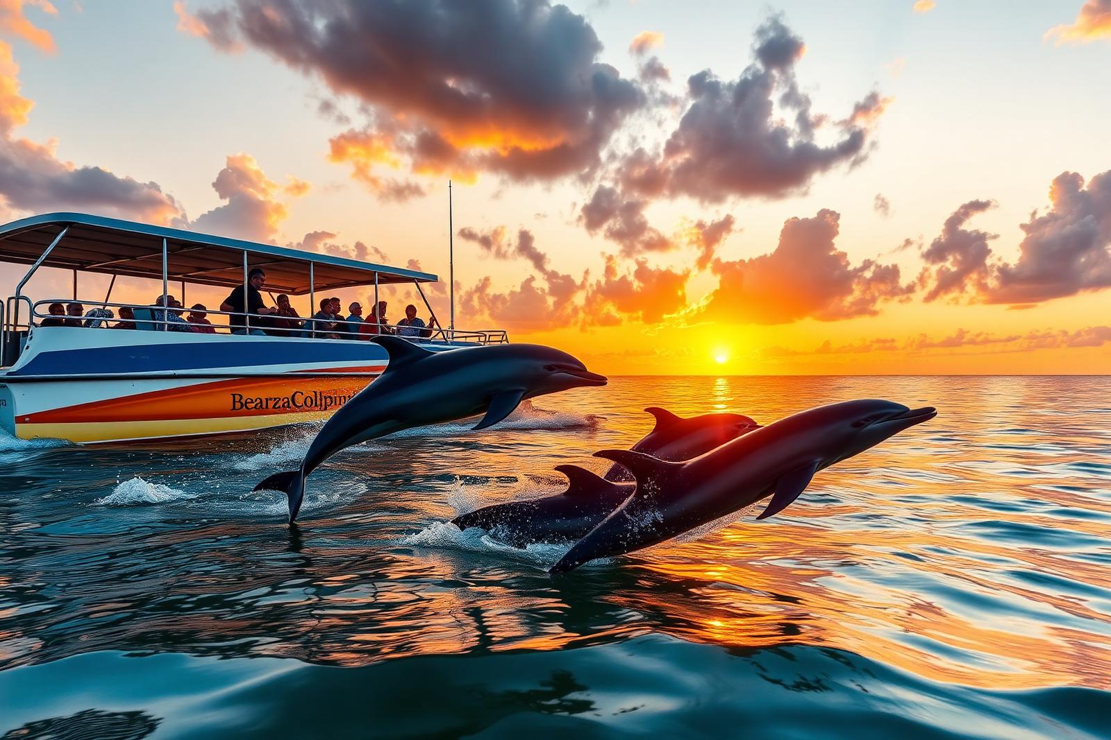 Dolphins swimming beside a sunset cruise boat on the Texas Gulf Coast near Port Aransas