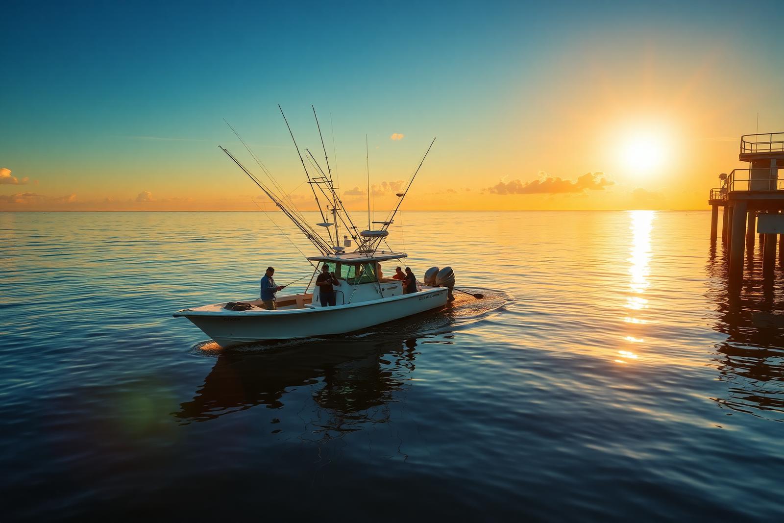 Charter fishing boat at golden hour near the Port Aransas jetties on the Texas coast