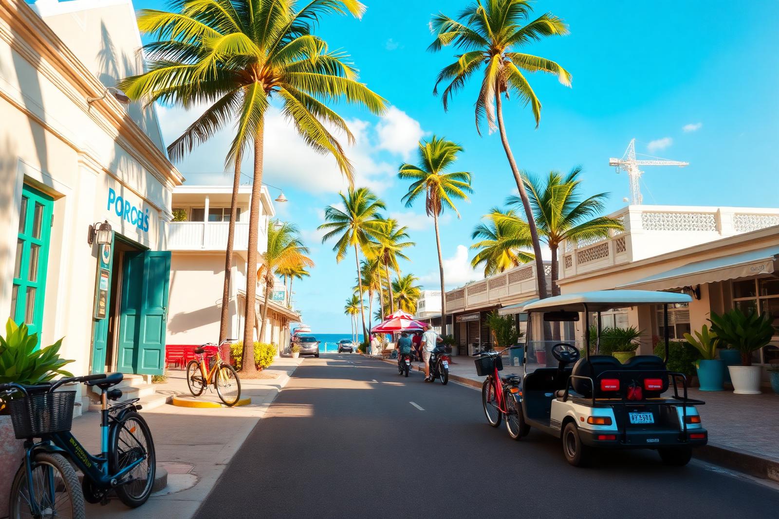 Golf cart and bicycles along a palm-lined island street with shops and cafes in Port Aransas
