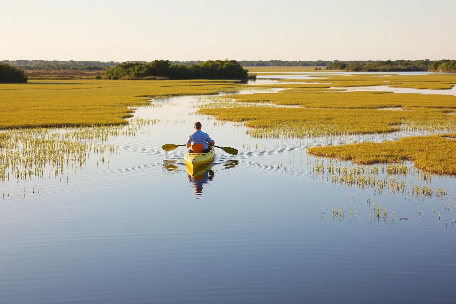 Kayaker paddling through calm shallow marsh waterways along the Texas coast