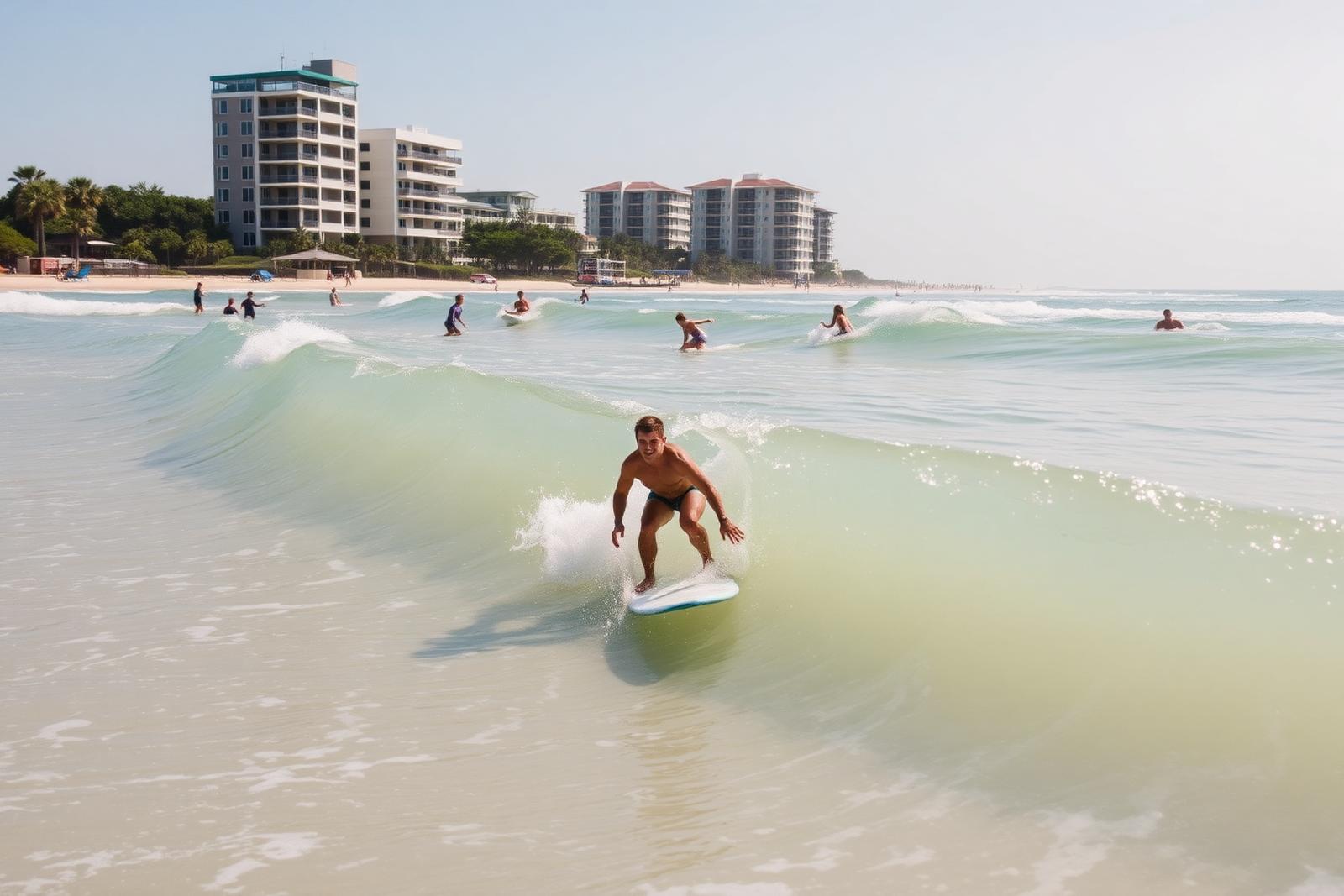 Surfer riding a Gulf Coast wave while families swim near the Texas shoreline